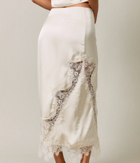 Mid Waist Lace Trim Detail Bias Midi Skirt-Cream