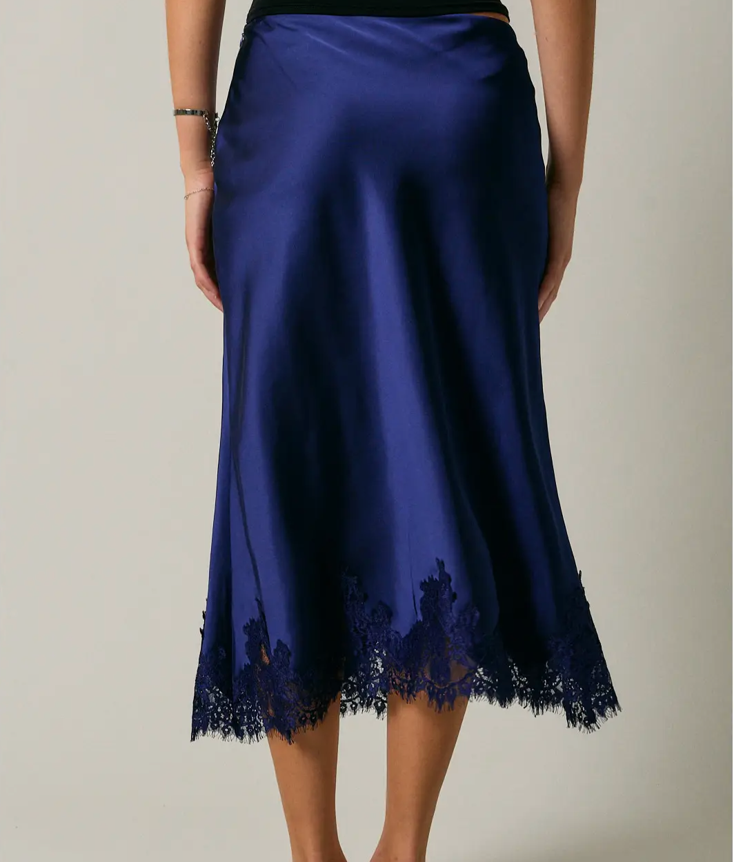 Lace Trim Bias Cut Midi Skirt