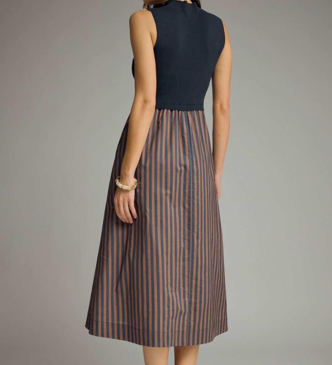 Solid Mock Neck Sleeveless Midi Dress-Navy