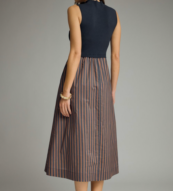 Solid Mock Neck Sleeveless Midi Dress-Navy