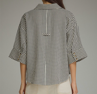 Gingham 3/4 Sleeve Top V-neck Collar Detail.
