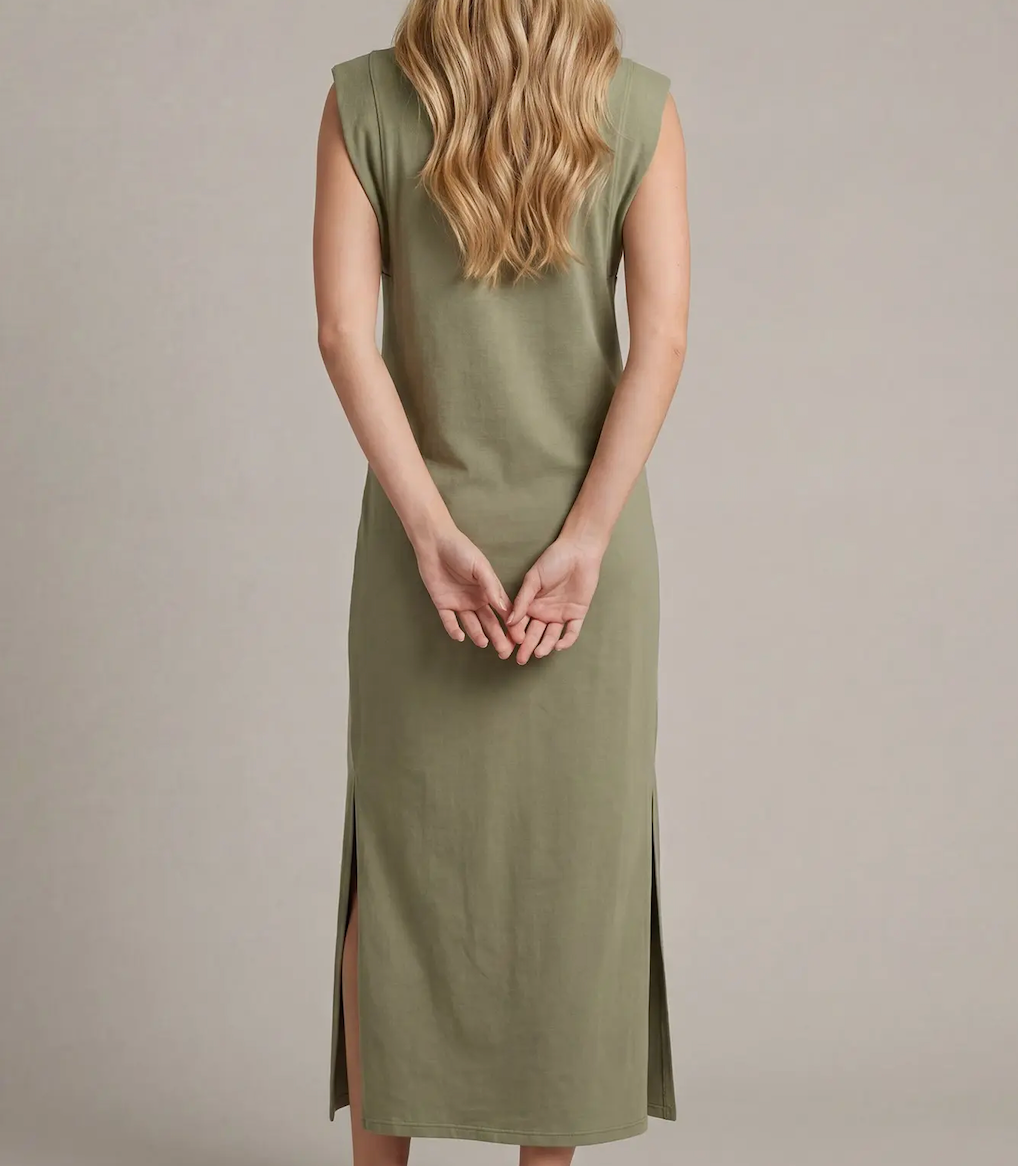 Sleeveless Side Slit Midi Dress-Olive