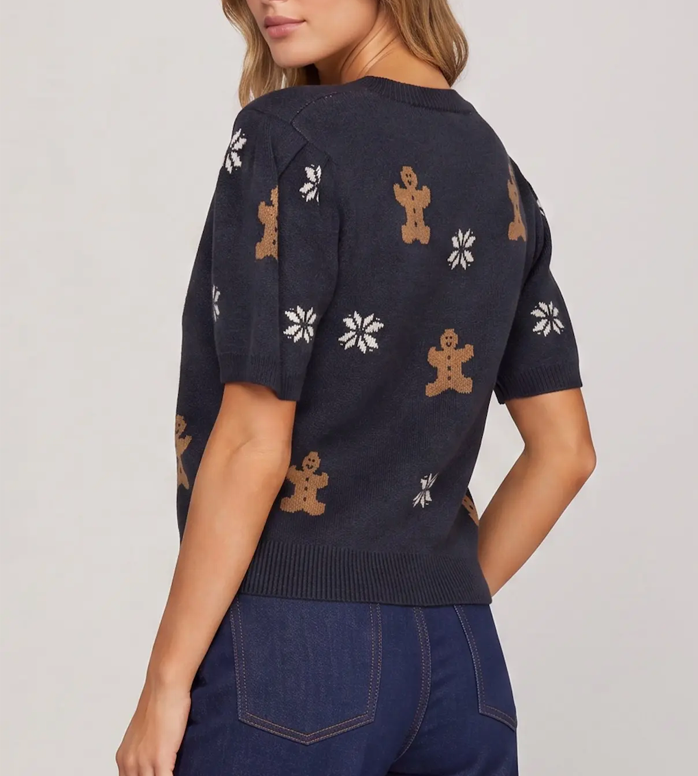 Short Puff Sleeve Ginger Bread Pattern Sweater Top-Navy
