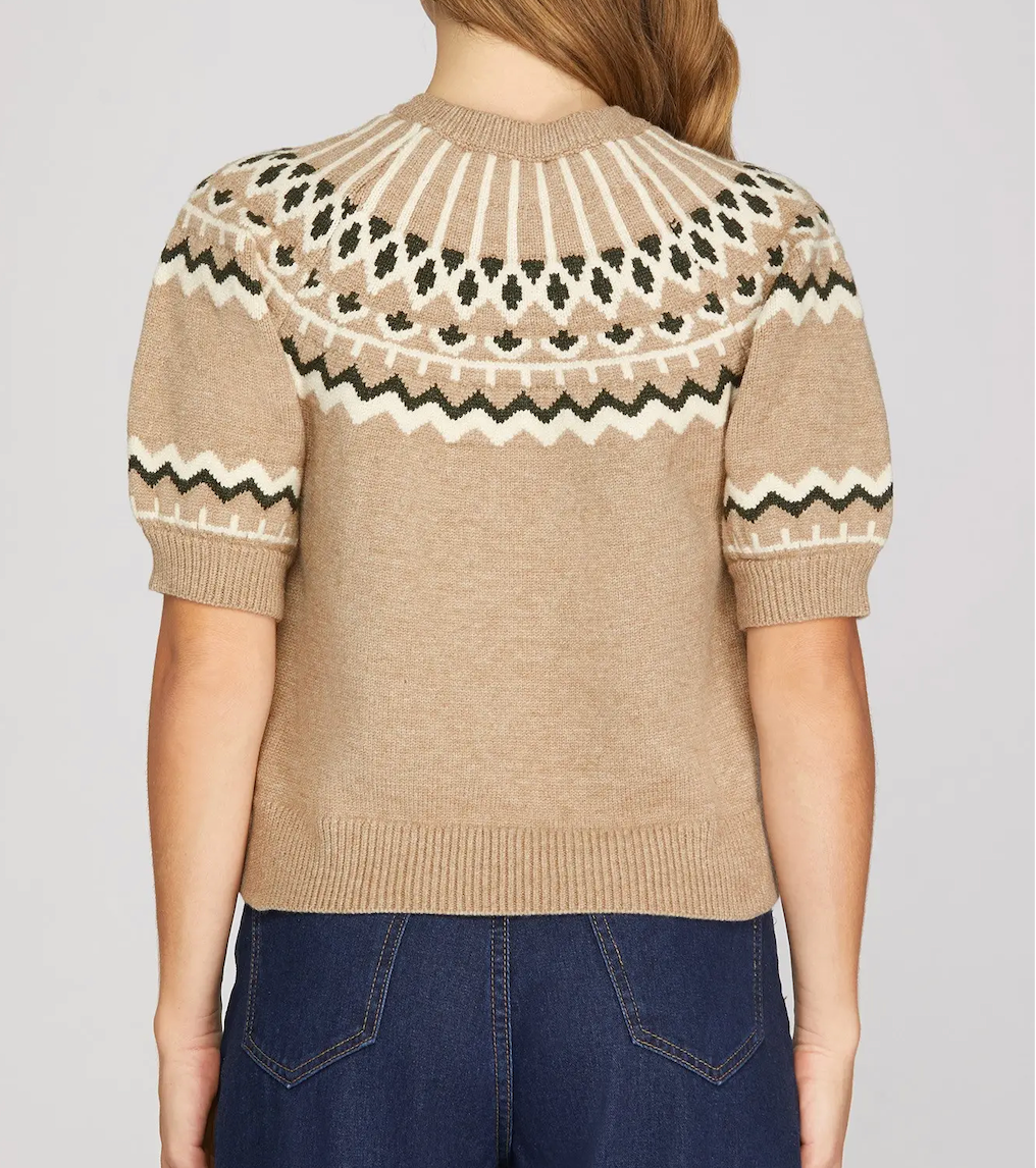 Short Sleeve Nordic Pattern Sweater Top