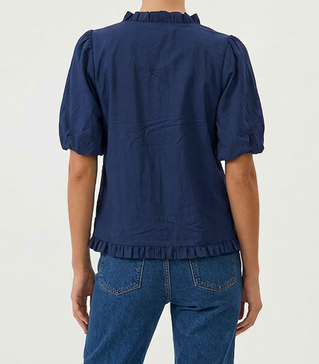 Ruffle Detail Bubble Sleeve Top-Navy