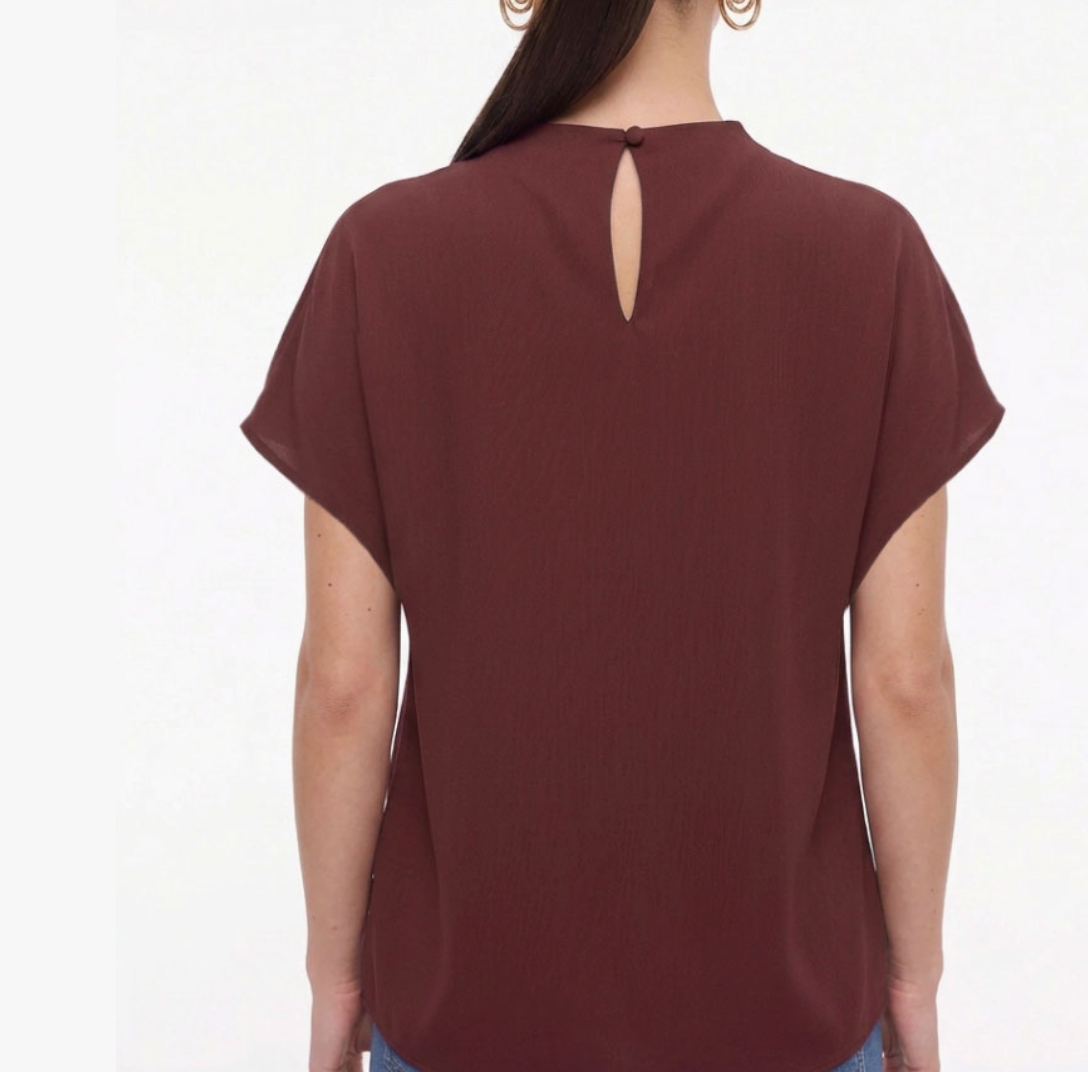 Mock Neck Draped Textured Satin Fall Blouse-Burgundy