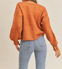 Long Puff Sleeve V Neck Cardigan-Rust