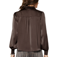 Satin Button Down Blouse With Neck Tie- Brown