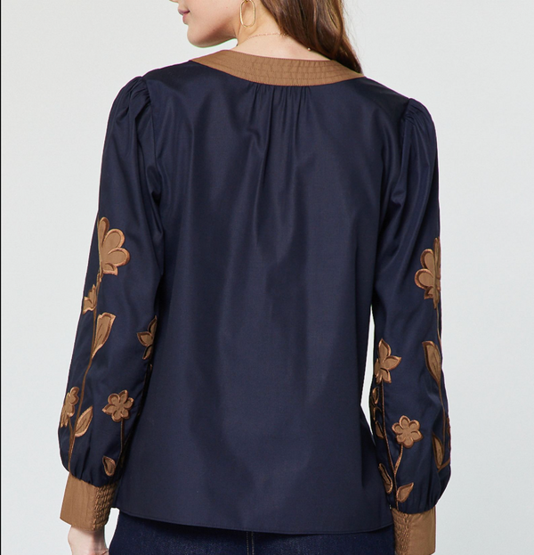 Floral Contrast Embroidered Long Sleeve Blouse