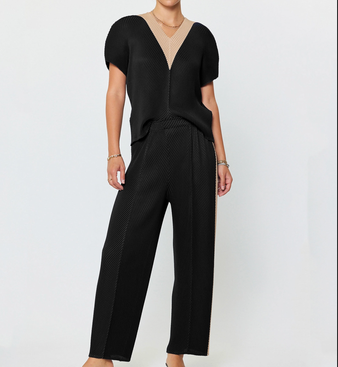 Pleated Tapered Pants W/Side Panels-Black/Taupe