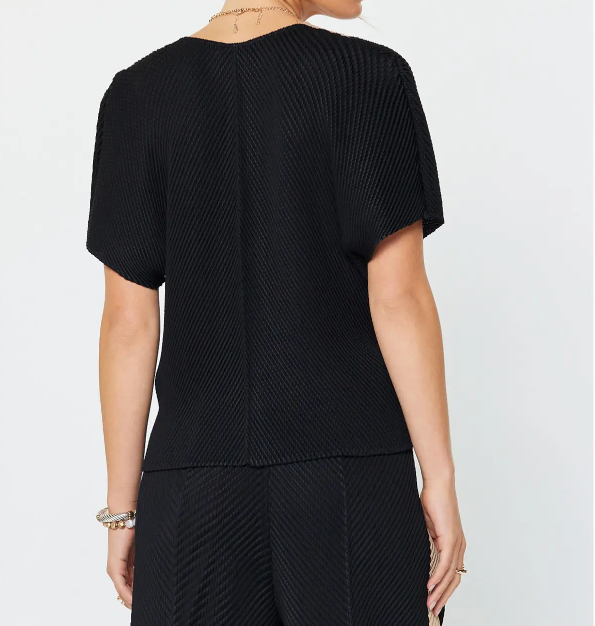 V Neck Doman Pleated Top-Black/Taupe