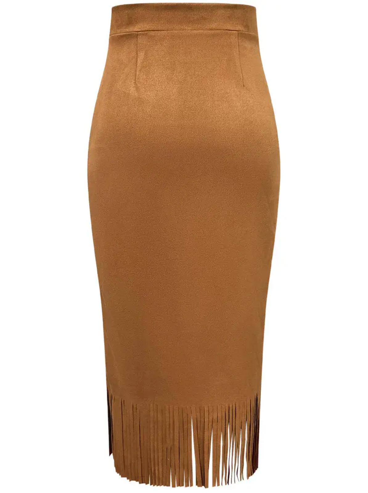 Fringe Hem Bodycon Midi Skirt-Camel