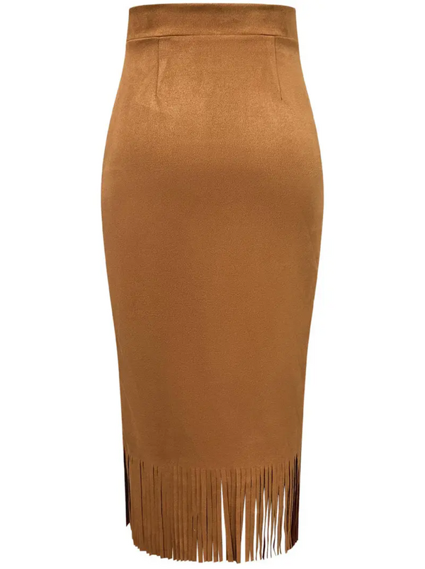Fringe Hem Bodycon Midi Skirt-Camel