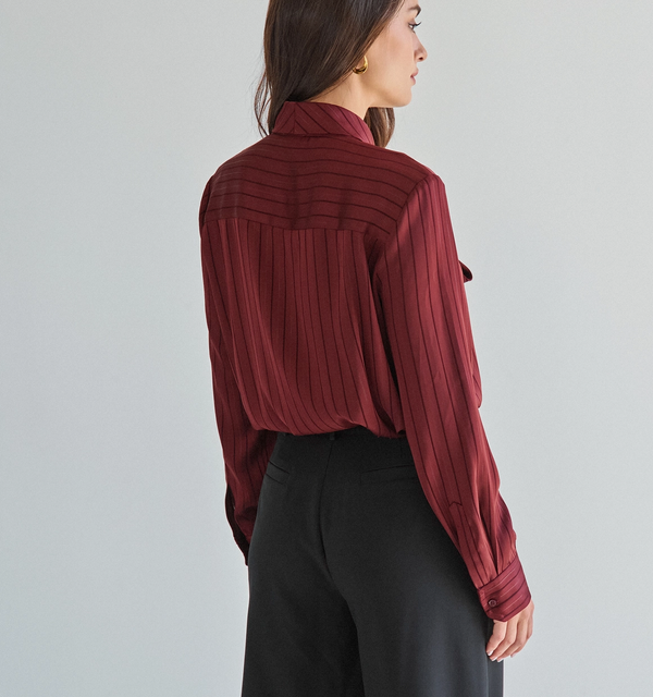 Tie Neck Satin Blouse-Burgundy