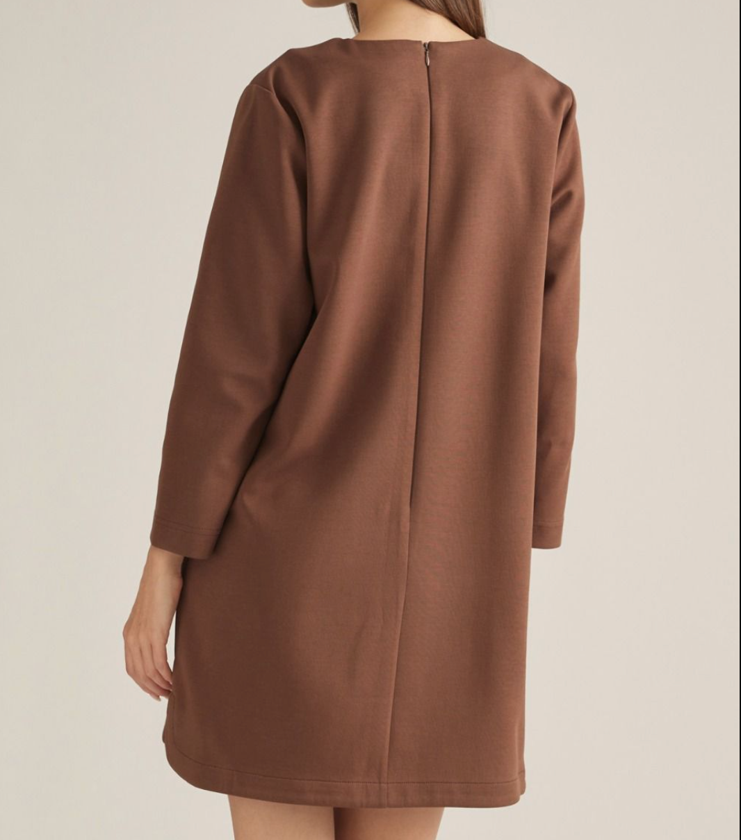 Solid Long Sleeve Mini Dress-Brown