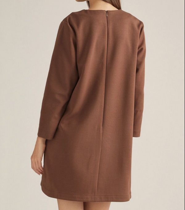 Solid Long Sleeve Mini Dress-Brown