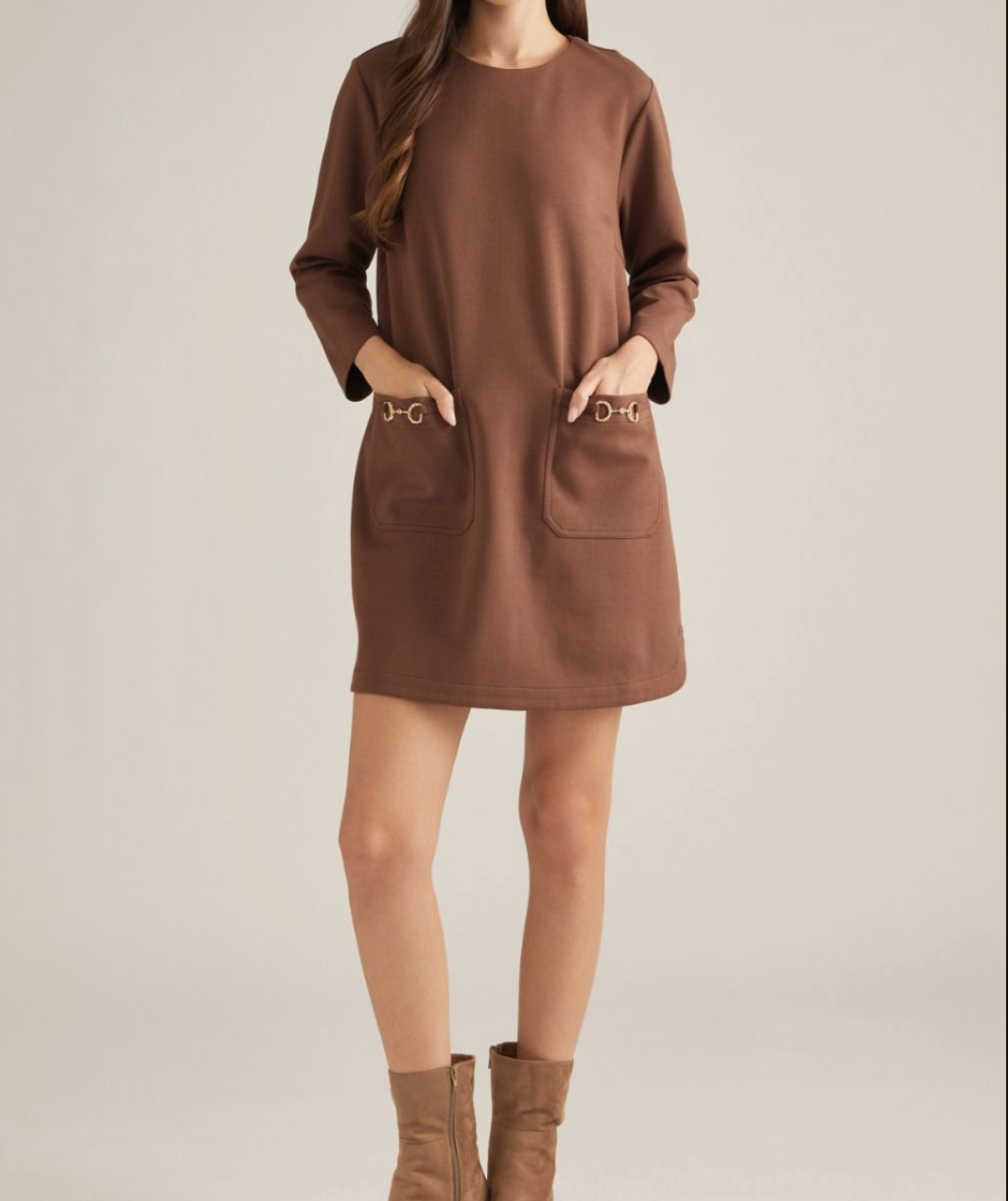 Solid Long Sleeve Mini Dress-Brown