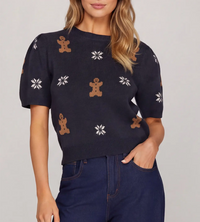 Short Puff Sleeve Ginger Bread Pattern Sweater Top-Navy