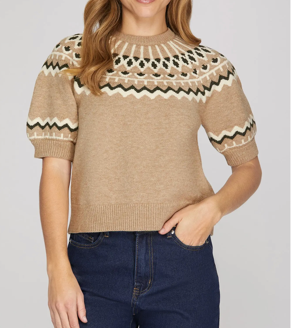 Short Sleeve Nordic Pattern Sweater Top
