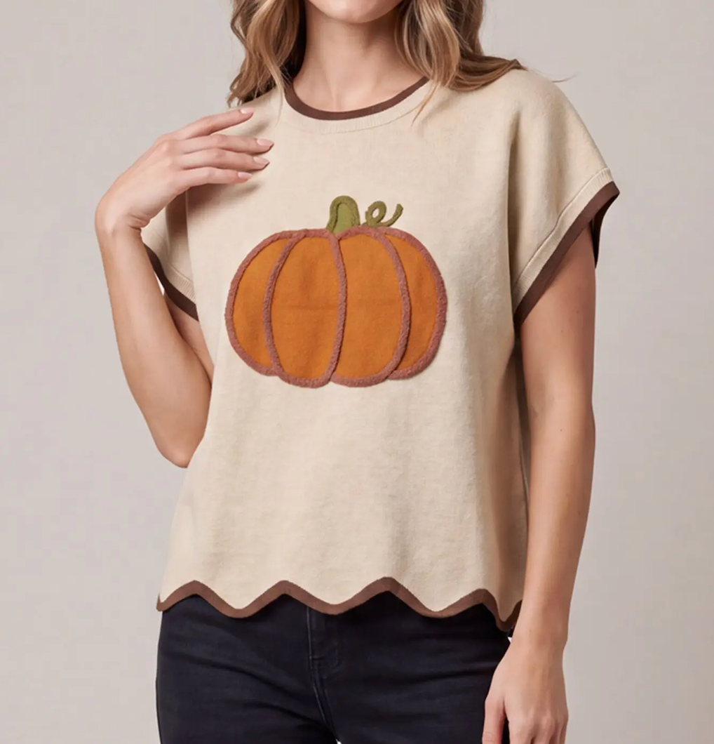 Short Sleeve Scallop Hem Pumpkin Sweater