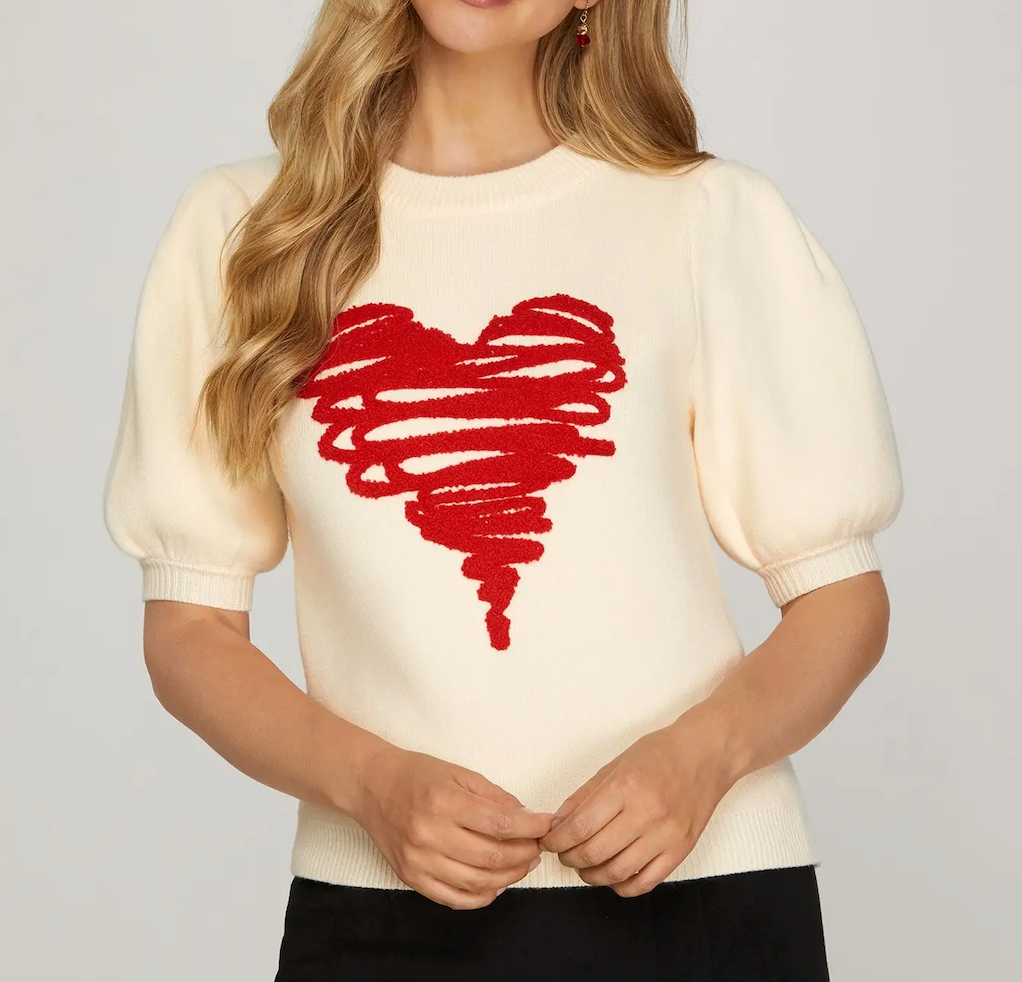 Cream Red Heart Short Sleeve Sweater