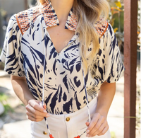Smocked Neck and Shoulder Detail Printed Top