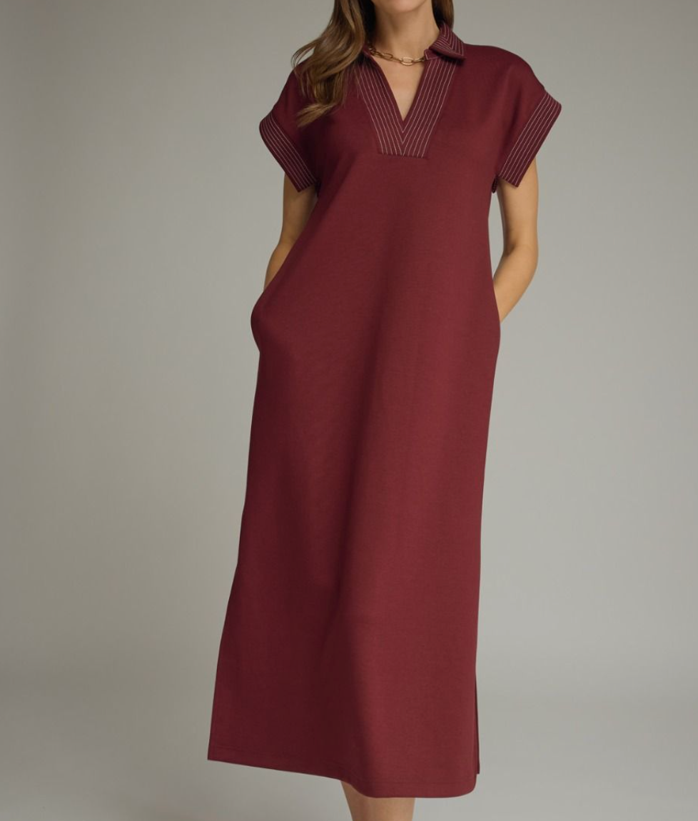 Solid Collared Short Sleeve Midi Dress-Wine