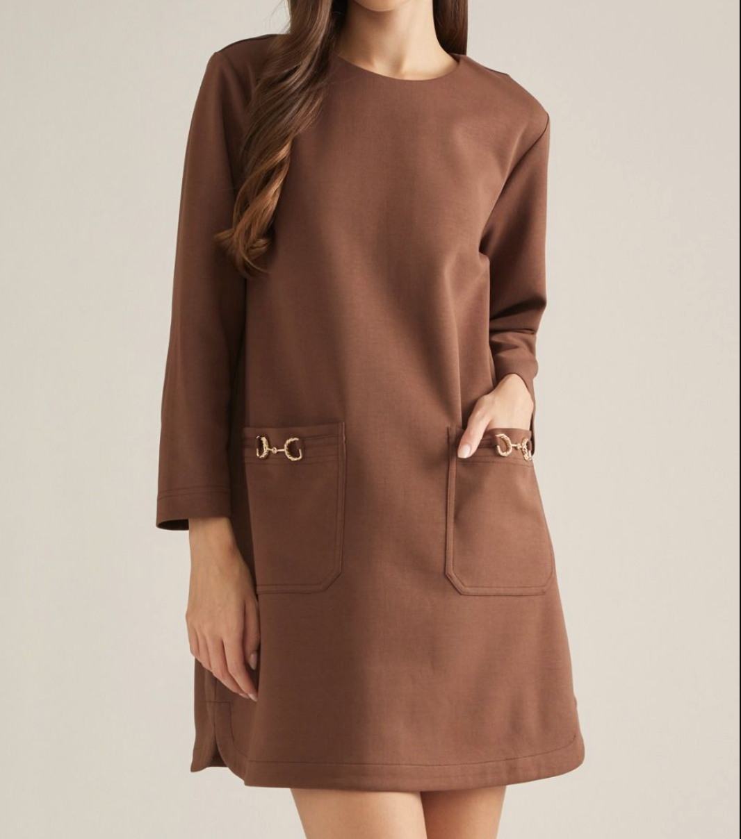 Solid Long Sleeve Mini Dress-Brown