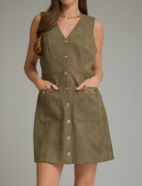 Solid Sleeveless Mini Dress with Buckle Detail-Olive