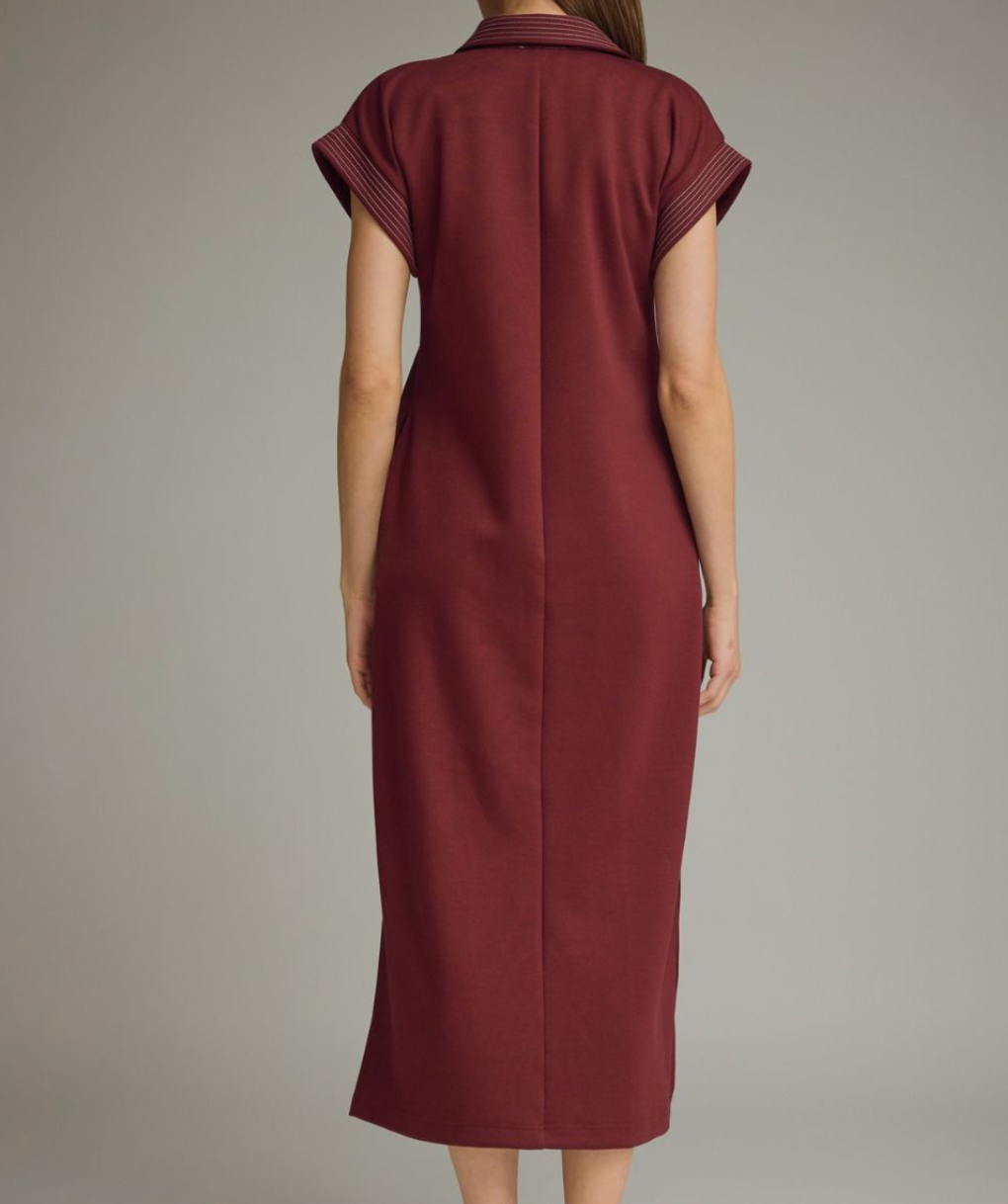 Solid Collared Short Sleeve Midi Dress-Wine
