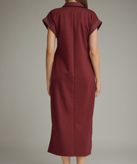 Solid Collared Short Sleeve Midi Dress-Wine