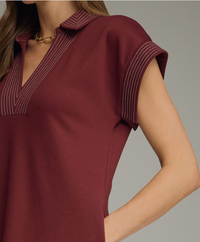 Solid Collared Short Sleeve Midi Dress-Wine