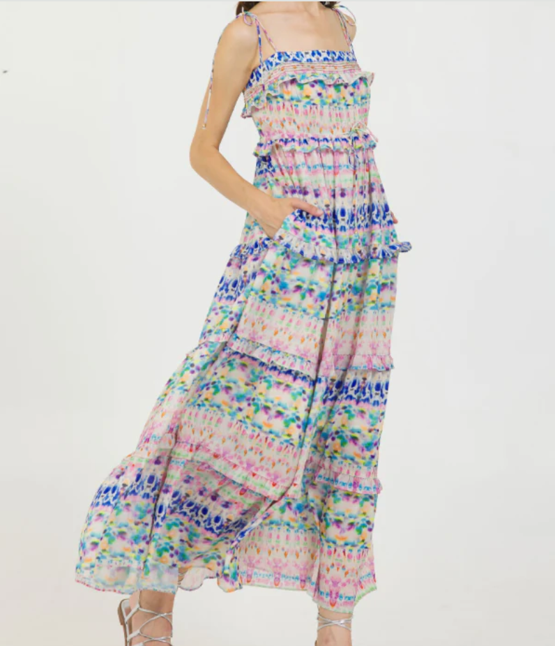 Stellah WATERCOLOR TIE SHOULDER TIERED DRESS