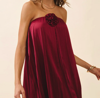 Strapless Pleated Relaxed Rosette Detail Dress