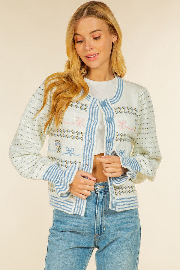 Striped Long Sleeve Round Neck Cardigan