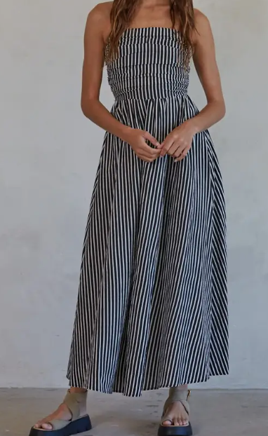 Striped Tube Neck Strapless Flare