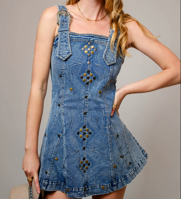 Studded Western Buckle Stretch Denim Dress