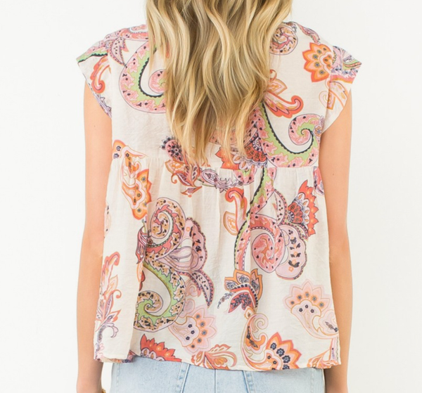 Button Down Paisley Print Top