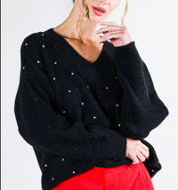 V-Neck Rhinestone Accent Argyle Knitted Sweater Top