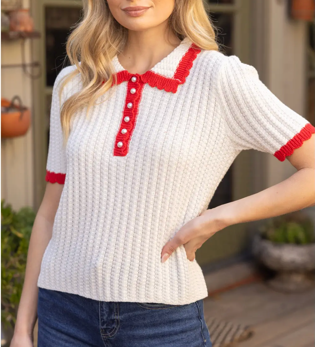 Pearl Accent Scalloped Knit Top