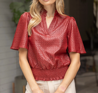 Smocked Hem And Solid Textured Top-Burgundy