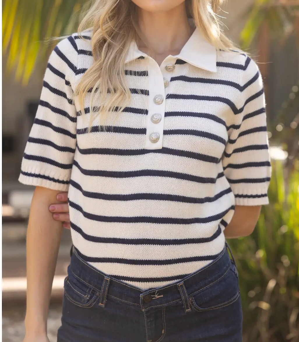 Striped Collared Accent Botton Top