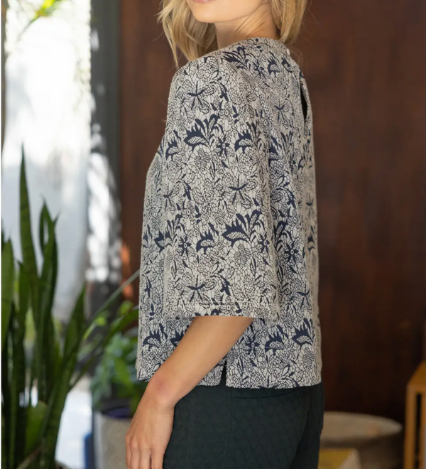 Stripe Trim Floral Half Top