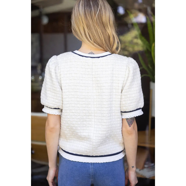 Voy - Tweed Puff Sleeve Stripe Ruffle Band Top