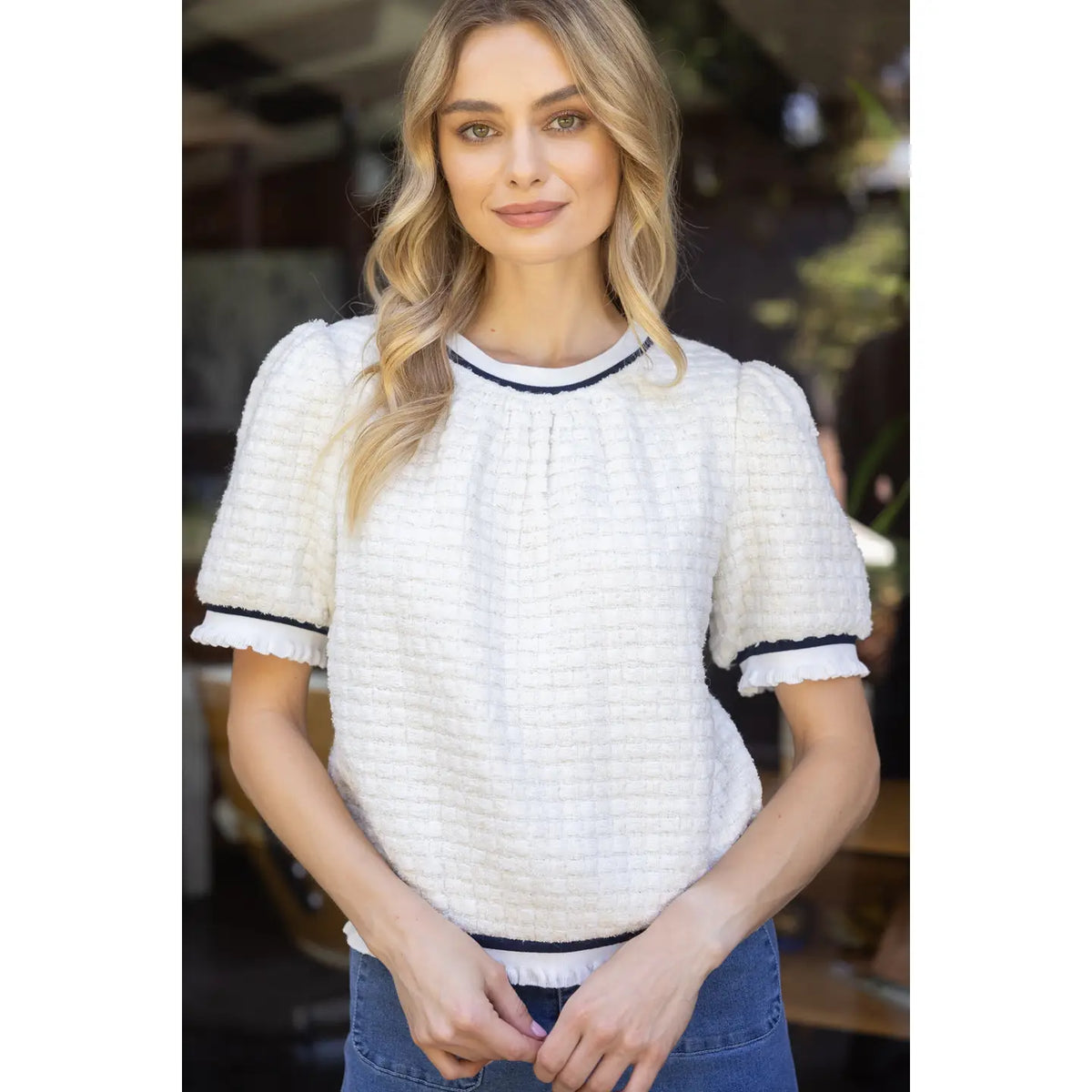 Voy - Tweed Puff Sleeve Stripe Ruffle Band Top