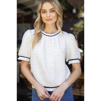 Voy - Tweed Puff Sleeve Stripe Ruffle Band Top