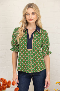 Piping Detailed Collar Retro Inspired Printed Knit Top