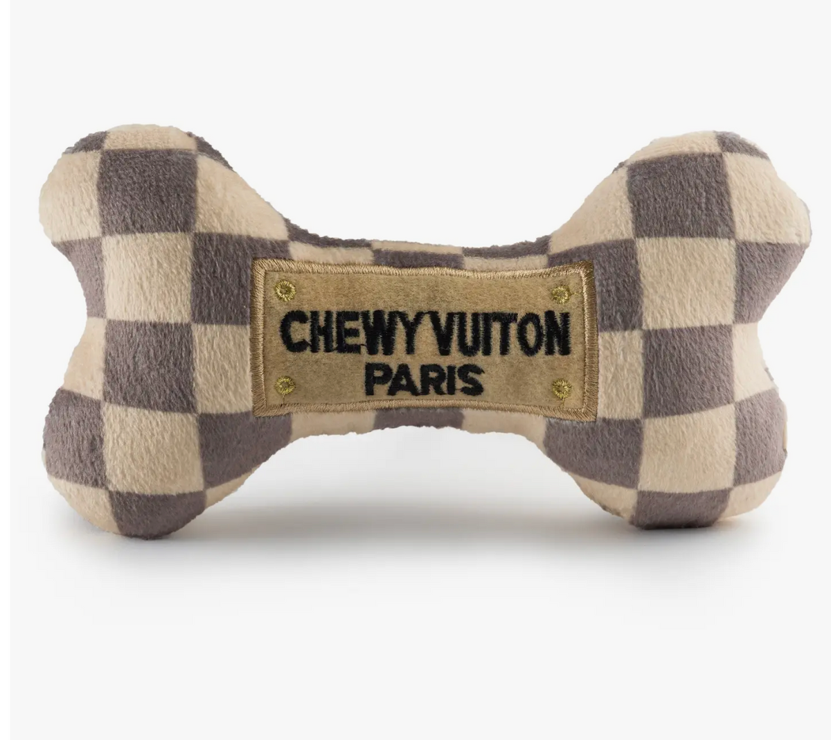 Checker Chewy Vuiton Bones Squeaker Dog Toy