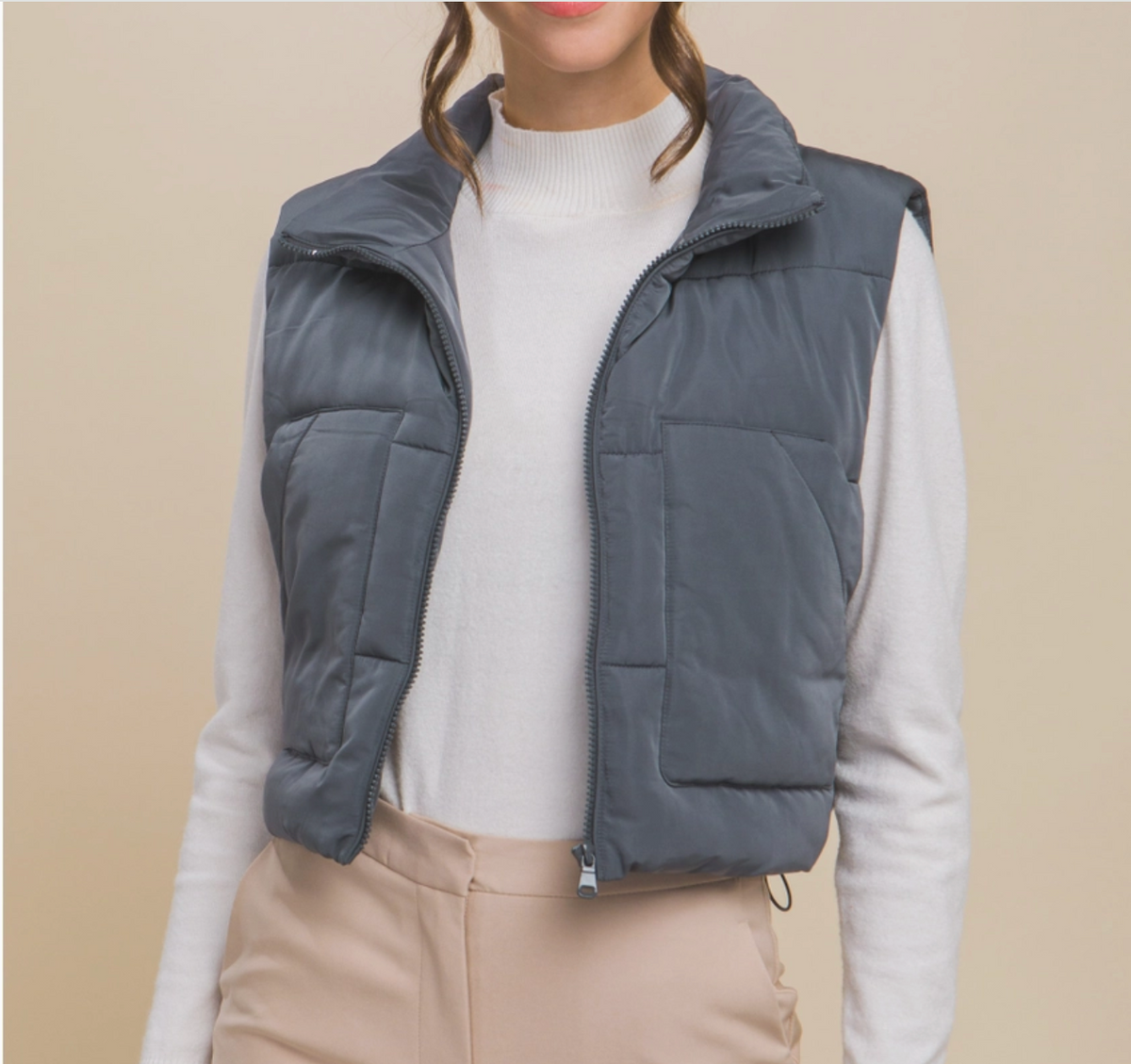 Crop  Puffer Vest with Pockets-Slate