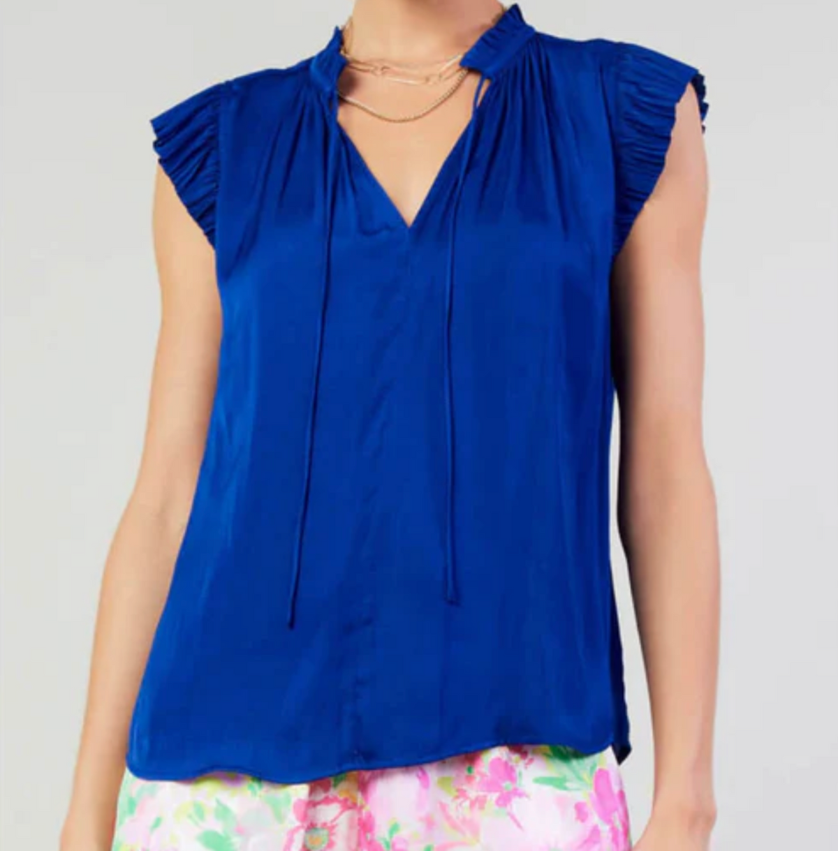 Pleated Short Sleeve Blouse-Cobalt